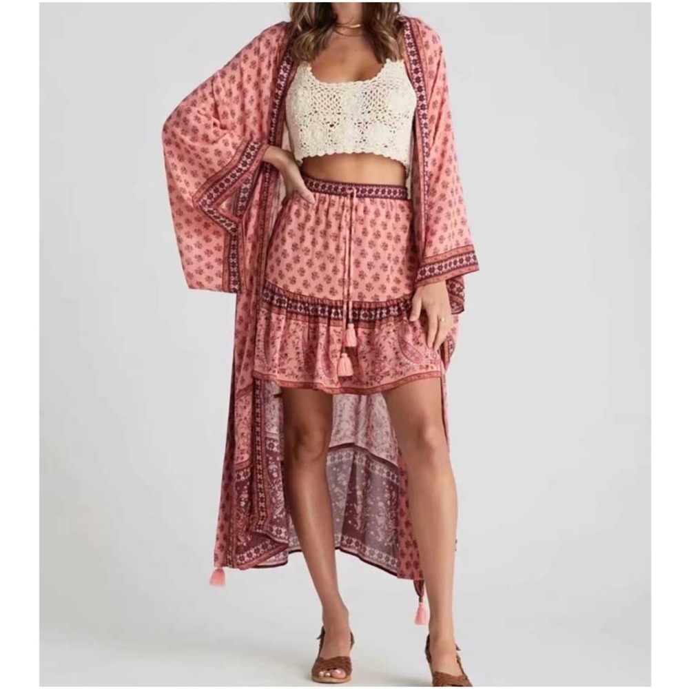 Red boho  Floral print Kimono Beach Cover Belted - Picture 8 of 14